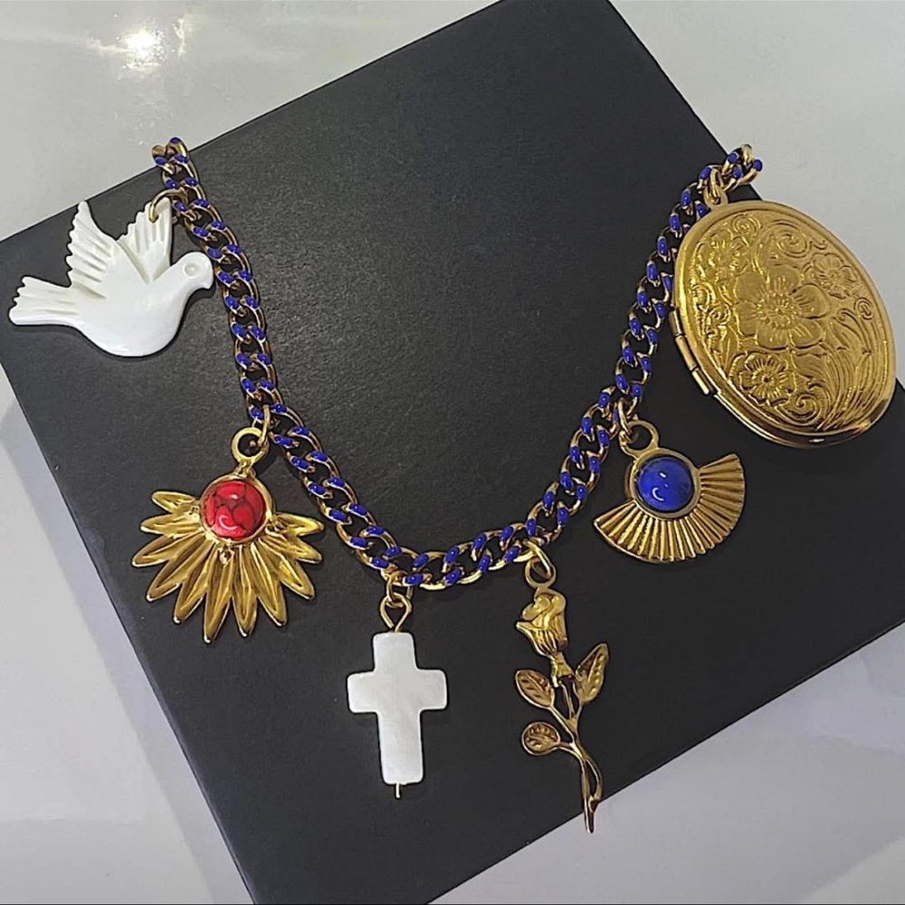 Blue Enameled Cuban Chain w Dove Cross Vintage Locket Charm Necklace